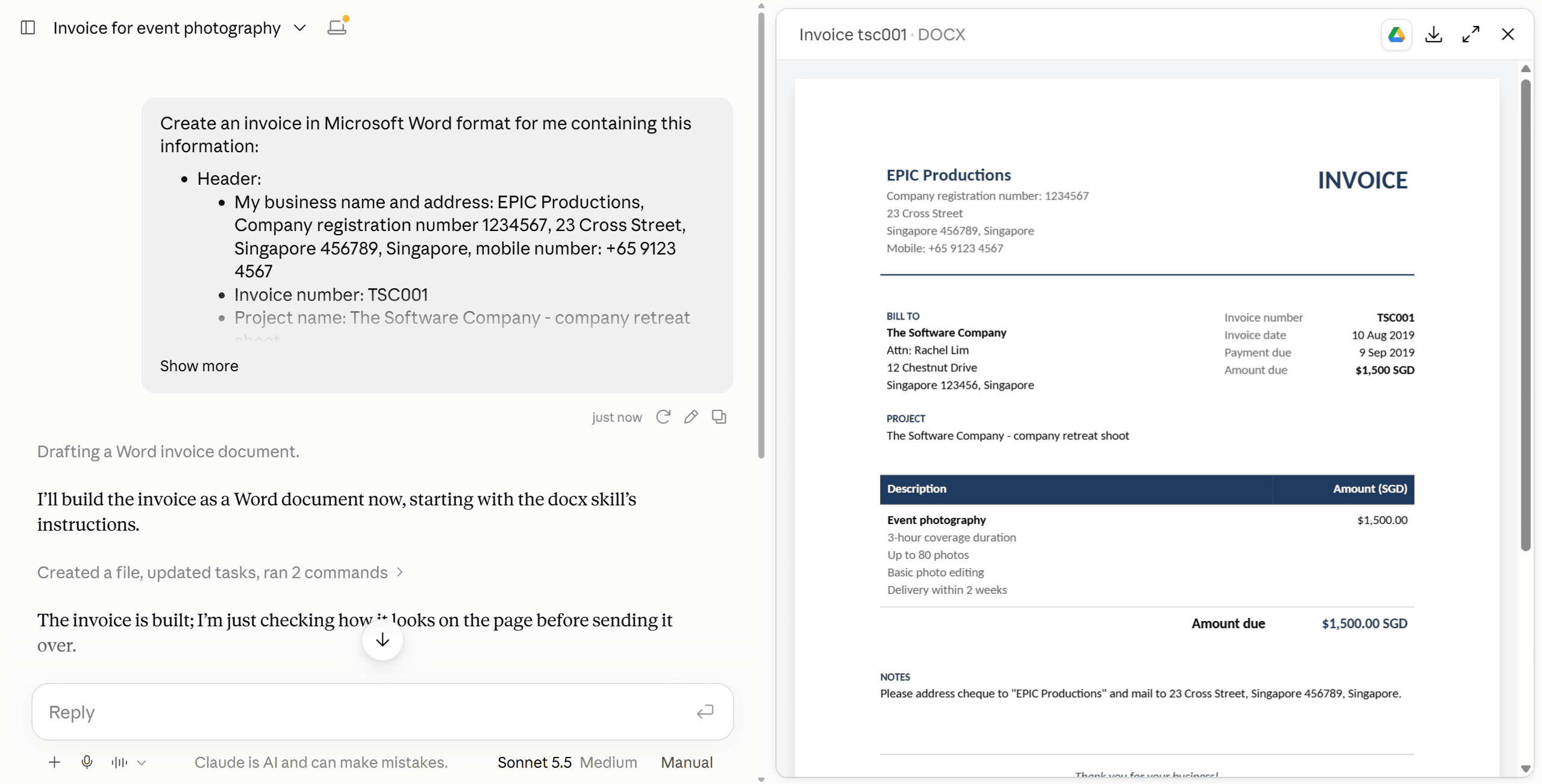 Claude chat building an invoice, with a Word preview from EPIC Productions to The Software Company for $1,500 SGD.