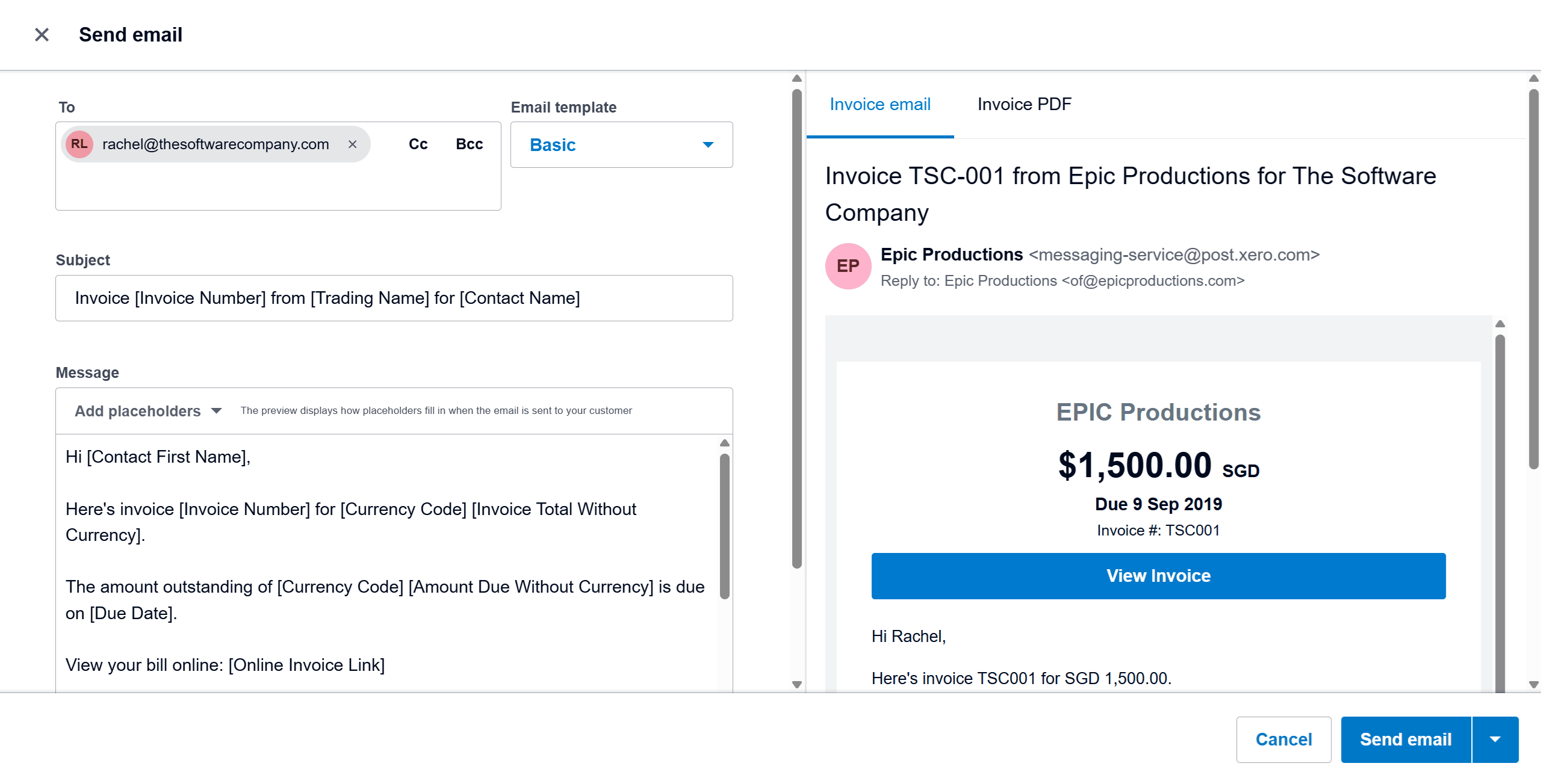 Xero email screen for sending Epic Productions’ $1,500 SGD invoice TSC001 to Rachel, with the message editor and a preview.