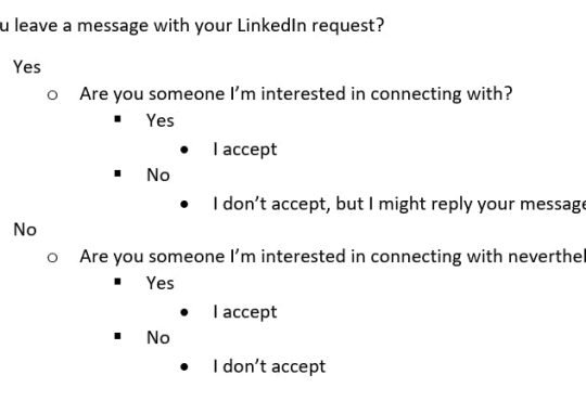 My LinkedIn connection policy. Generally, I'll accept your connection request if I know you or if you are someone I'm interested in connecting with. But I’m more likely to accept your request are higher if you’ve left a message with your LinkedIn request. If you’ve left a message but I’m not interested in connecting, I might reply your message without accepting your request.