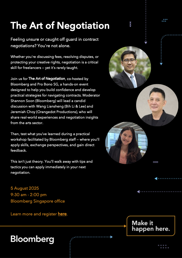 Flyer for "The Art of Negotiation", a hands-on contract negotiations event co-hosted by Bloomberg and Pro Bono SG on 5 August 2025, from 9.30am to 2pm.