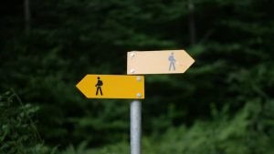 A signpost with two signs pointing in opposite directions