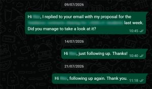 WhatsApp chat with several follow-up messages sent over weeks.