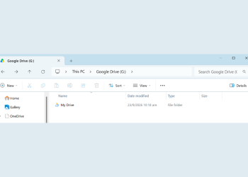 Windows File Explorer window showing Google Drive (G:) with the "My Drive" folder listed, and sidebar shortcuts for Home, Gallery and OneDrive.
