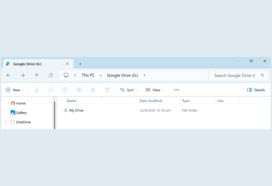 Windows File Explorer window showing Google Drive (G:) with the "My Drive" folder listed, and sidebar shortcuts for Home, Gallery and OneDrive.